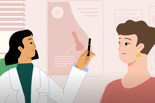 An illustration of a doctor and patient in a medical setting; the doctor is pointing at the patient’s mammography X-ray results.