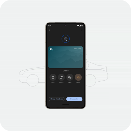 A phone is positioned above a drawing of a car. The phone animates by moving closer to the car front door. As it does, a lock icon appears and unlocks, simultaneously with the car door.