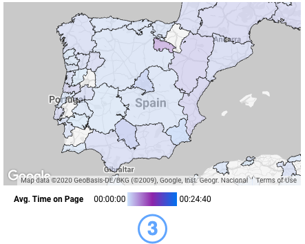 A filled area map of Spain and Portugal with a color legend displays a gradient of purple to blue based on Avg. Time on Page dimension values that range from 00:00:00 to 00:24:40. 