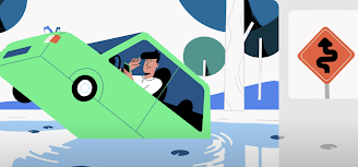 Miniature d'une vidéo montrant un dessin d'homme coincé dans une voiture en train de tomber à l'eau.