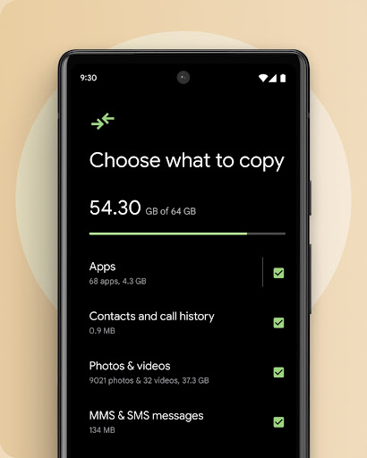 A Pixel phone screen says, "Choose what to copy" and shows the amount of storage available. It gives options to carry over apps, contacts and call history, photos and videos, MMS and SMS messages, and more
