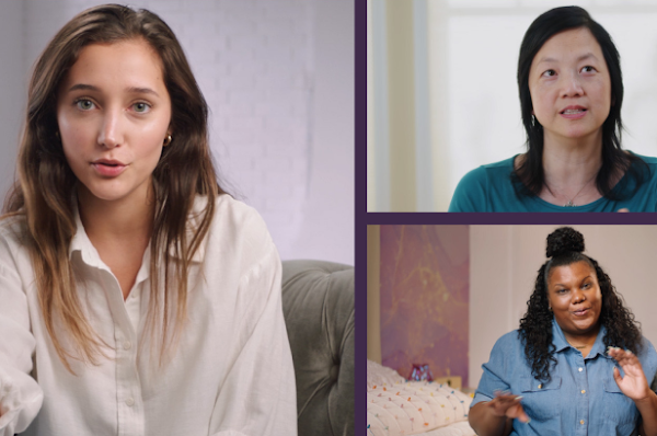 A collage of three women sitting down and talking to the camera