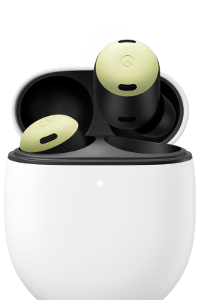 A pair of Pixel Buds are sliding into their case.