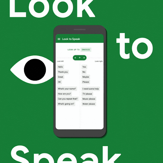 Auf einem grünen Hintergrund steht in weißer Schrift „Look to Speak“. In der Mitte befinden sich die Darstellung eines Auges und ein Bild des Look to Speak-Bildschirms auf einem Android-Smartphone. Es werden einige Optionen angezeigt, zum Beispiel können Nutzer „Hallo“ und „Danke“ durch einen Blick nach links und „Ja“, „Nein“ oder „Vielleicht“ durch einen Blick nach rechts sagen.