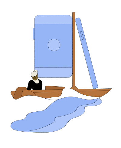 Person on a sailboat, with a phone-shaped sail.