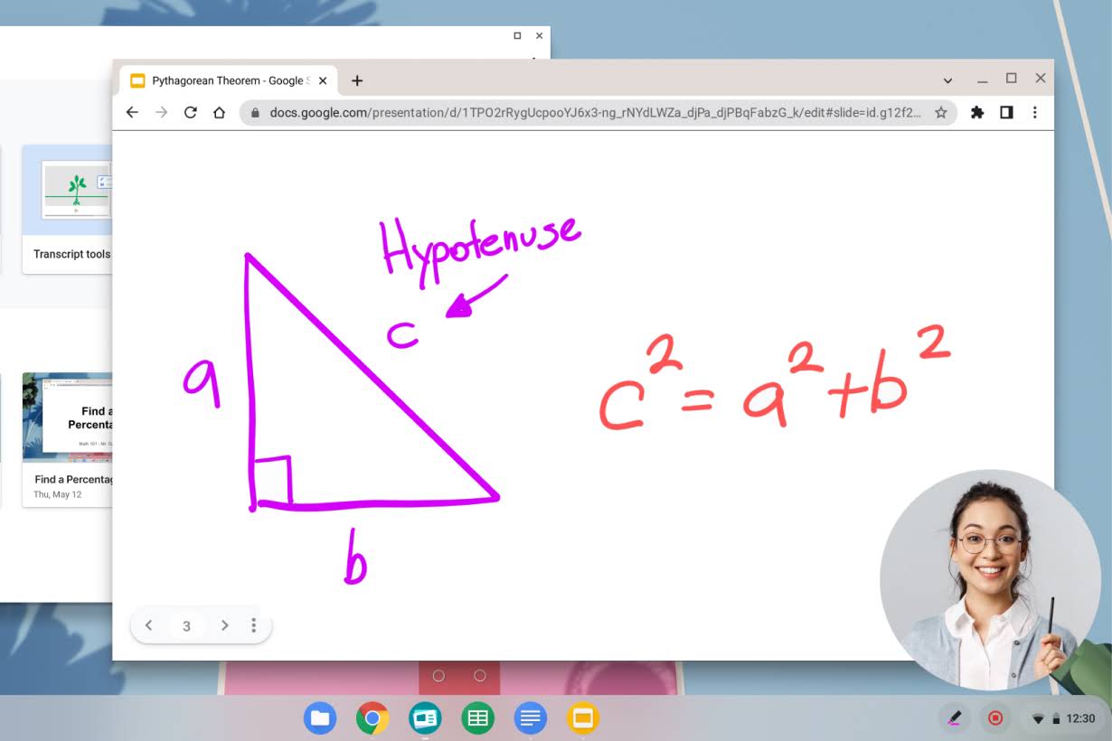 A Chromebook desktop shows a teacher virtually instructing while referring to a window open to a Google Slides presentation about math.