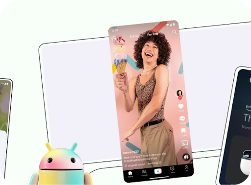A multi-colored Android robot in front of a line illustration of a computer screen and a phone screen with a colorful TikTok creator video.
