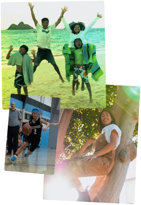 Visual collage featuring Kimberly growing up. From left to right: Kimberly’s school portrait from childhood, Kimberly at the  beach with her family, Kimberly climbing a tree, Kimberly working on a laptop in bed, Kimberly playing basketball.