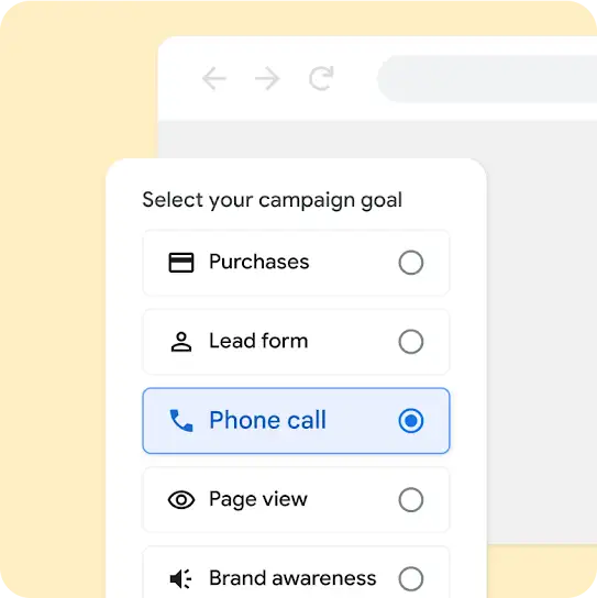 Signup flow UI showing a list of primary campaign goals and how to select one.