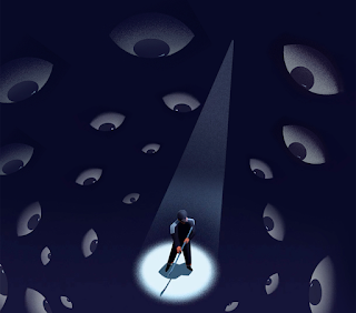 An illustration of a man standing in a dark room. A spotlight shines on him while eyes surround him, watching.
