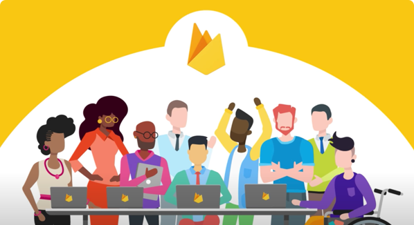 Illustration of a group of people standing and one man sitting in a wheelchair at a table with open laptops, with the Firebase logo at top