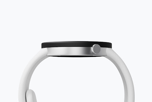 Vista lateral de un smartwatch con iconos de aplicaciones que flotan sobre él.