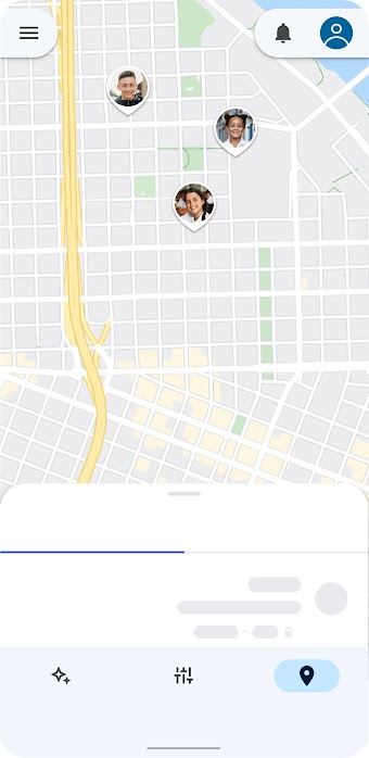 Family Link UI highlights location pins of family members on Google Maps.