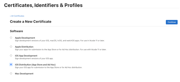 Select iOS Distribution (App Store and Add Hoc) option on the Certificates, Identifiers, and Profiles page