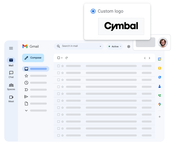 Uma visualização estilizada da interface do Gmail destacando o logotipo personalizado da empresa do usuário.