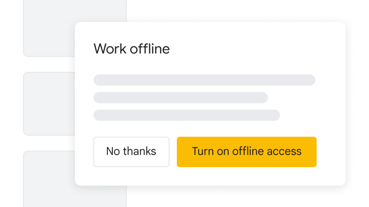 Janela pop-pup para a funcionalidade "Trabalhar offline" com um botão amarelo para ativar o acesso offline e um botão branco para o negar.