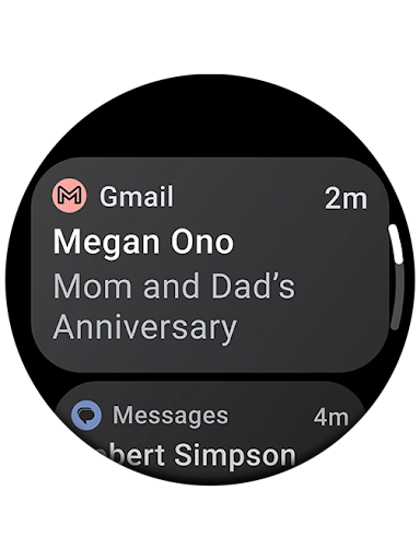 A smartwatch face shows a notification for an email titled ‘Mum and Dad’s Anniversary’.