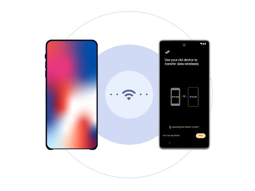 An iPhone and brand new Android phone sit side-by-side with a Wifi symbol between them. Two dots animate between the Wifi symbol and phones to signify wireless data transfer