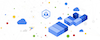 Floating blocks, clouds and Kubernetes logo surrounded by multi-colored dots