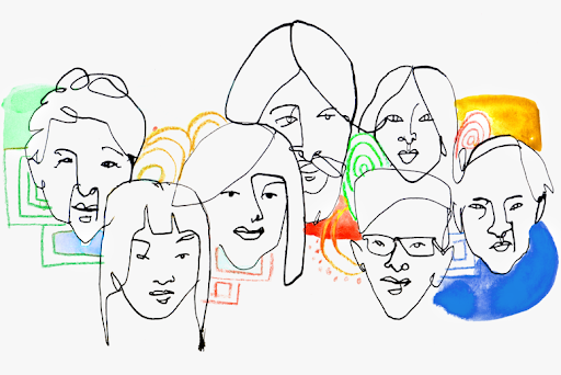 Hand drawn illustration of people from the Asian American community