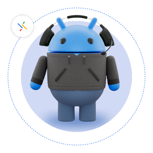 A blue Android robot wearing headphones, with a gray shirt, and a Pairing icon circling it on a dotted line.