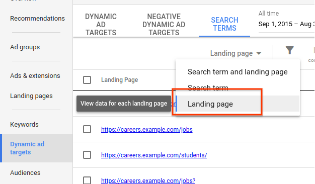 Landing page data in the search terms report