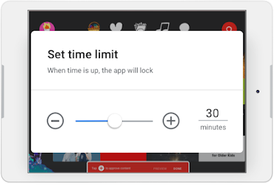A tablet showing a 30-minute time limit being set, at which point the app will lock.
