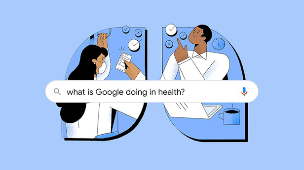Ilustración de personajes concertando citas médicas en una computadora y un móvil, con una barra superpuesta de Búsqueda de Google que dice "¿qué está haciendo Google en el campo de la salud?"