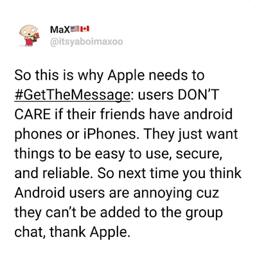 A tweet stating that users don’t care what phone their friends have; they just want easy, secure, and reliable texting.