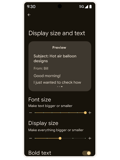 An Android accessibility settings screen with “Display size and text” along with a Preview window of the changes and sliders for “Font size”, and “Display size” and a toggle for “Bold text.”