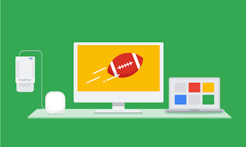 A graphic with a green background showing a Fiber Jack, a Nest Wifi Pro router, and a desktop and laptop computer. The desktop computer screen shows a football on a yellow background.