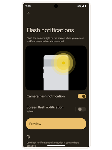 An Android accessibility settings screen for “Flash notifications.” An illustration of the back of the phone’s flashlight illuminated with the toggled options for “Camera flash notification” and “Screen flash notification,” along with a “Preview” button.