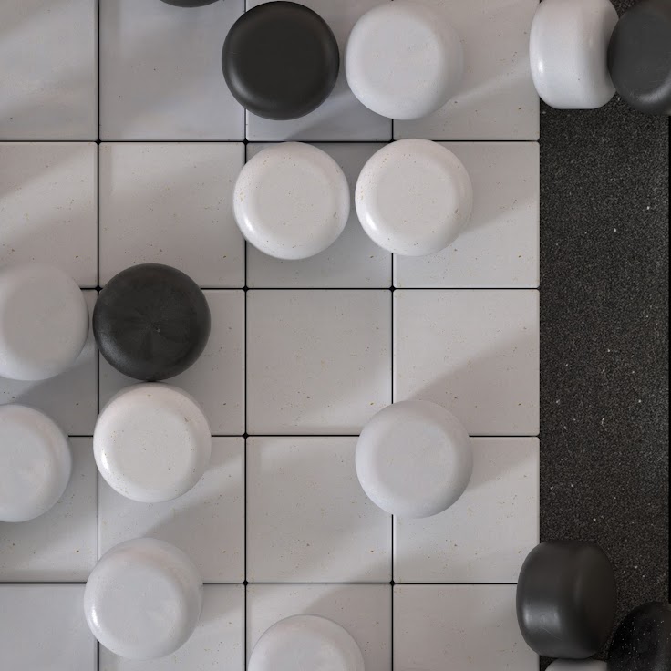A Go board – a wide grid with black and white stones placed on top.