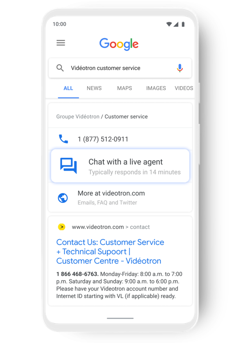 Customers chat with Vidéotron <br> through Google Search