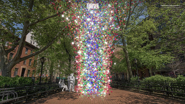 A screenshot of the Stonewall Forever "living monument" experience featuring a tall column of rainbow jewels in a park
