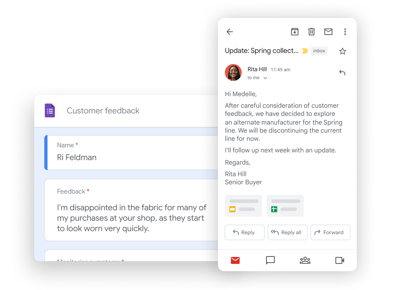 Workspace illustrative graphic - respond to customer feedback directly across workspace apps