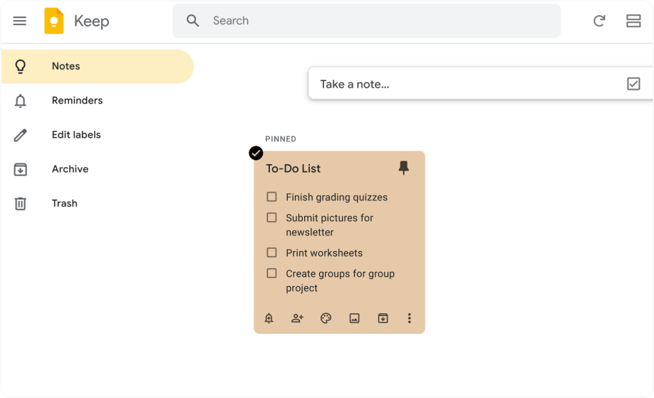 Google Keep is open, showing a checklist of to-do’s typed into an orange sticky note that is pinned to the top of the page.