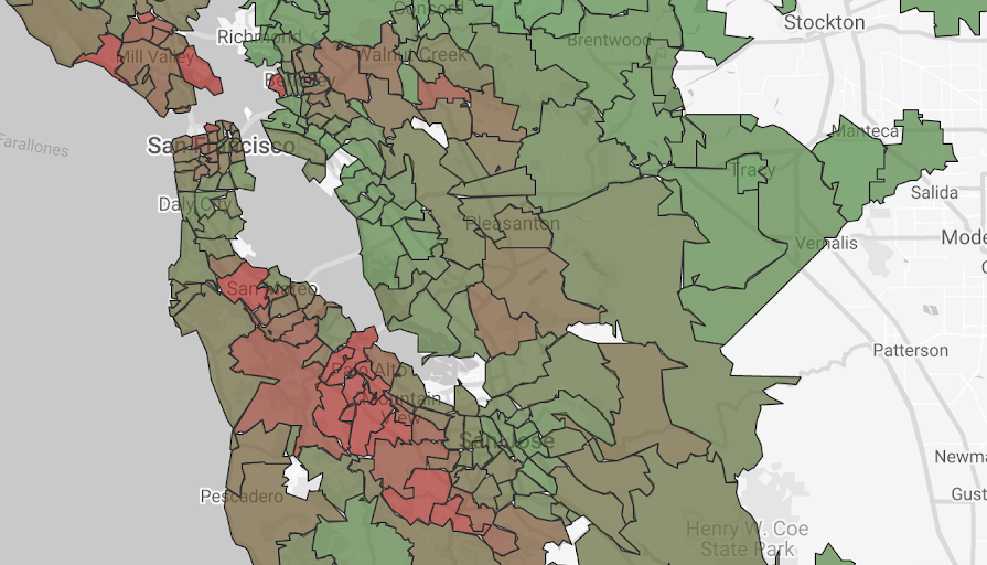 A filled map displays median house prices by zip code in the San Francisco Bay Area in shades of green and red to convey values.