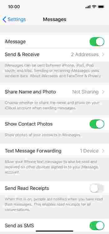 顯示可關閉 iMessage 切換鈕選項的 iPhone。