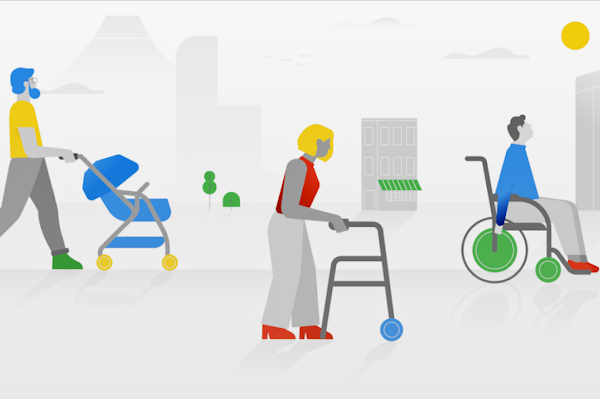 An illustration of three people: a man pushing a stroller, a woman using a walker, and a man pushing himself in a wheelchair
