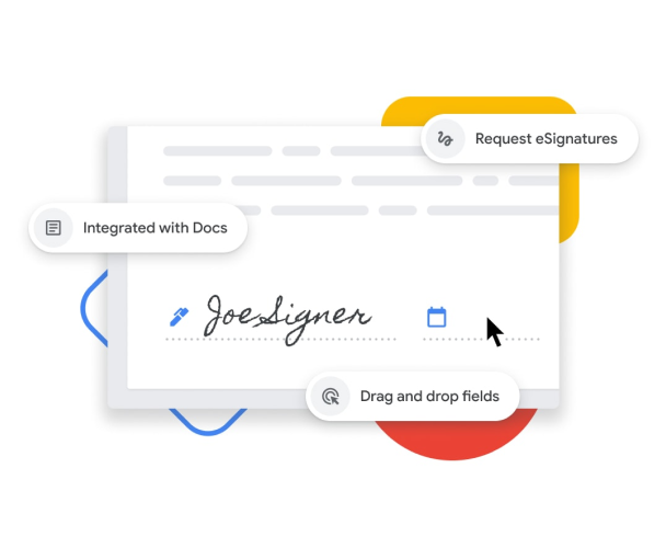 電子簽名功能的圖像，顯示用戶可拖放名稱和日期欄位，並整合至「Google 文件」。