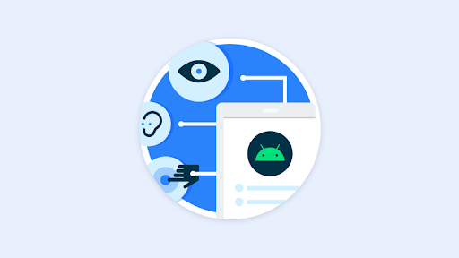 Android developers accessibility badge with illustrations of an eye, ear, and hand
