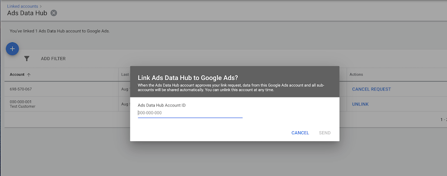 Screenshot of the process to link Ads Data Hub to Google Ads.