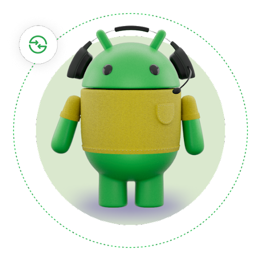 A green Android robot wearing headphones, with a brown shirt, and a Quick Share icon circling it on a dotted line.