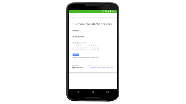 En la IU de Formularios de Google, se muestra una encuesta de satisfacción del cliente, “Customer Satisfaction Survey”, con campos de respuesta. 
