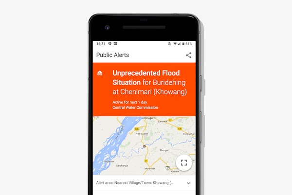 Google UI showing a flood alert in India.