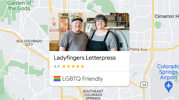 Un mapa con la imagen de un negocio amigable con LGBTQ