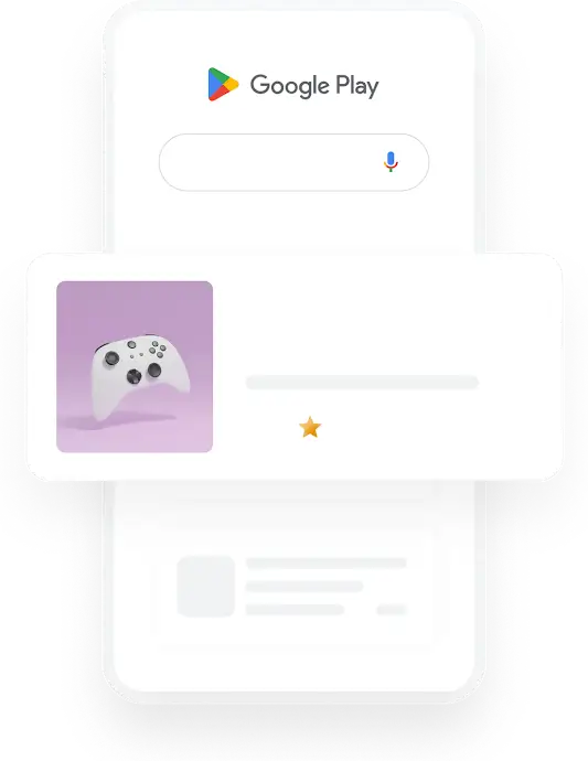 Ilustrácia telefónu, ktorá znázorňuje vyhľadávací dopyt na Google Play týkajúci sa hernej aplikácie, pri ktorom sa zobrazuje relevantná reklama na aplikáciu.