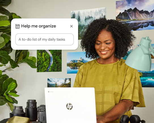 A professional smiles while using a laptop. An overlay shows they are using AI to create a to-do list of daily tasks.