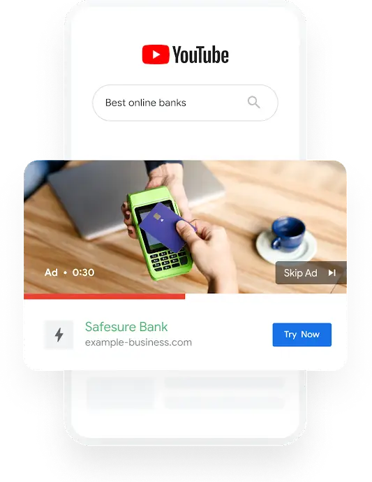 Illustration of a phone shows a YouTube search query for Best Online Banks surfacing a bank’s video ad.